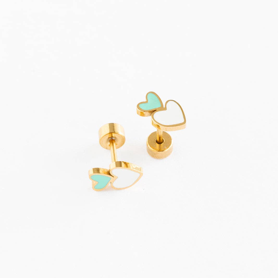 Heart Stack Stud Earrings - Hypoallergenic, Flat Back, Girl