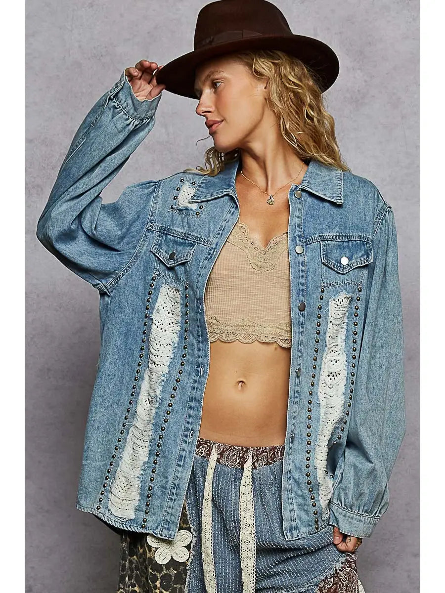 Distressed studded denim top
