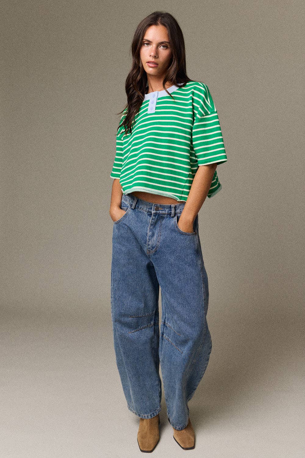 Henley neck green stripe top