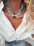 Semiprecious howlite turquoise beads necklace with red heart