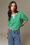 Henley neck green stripe top