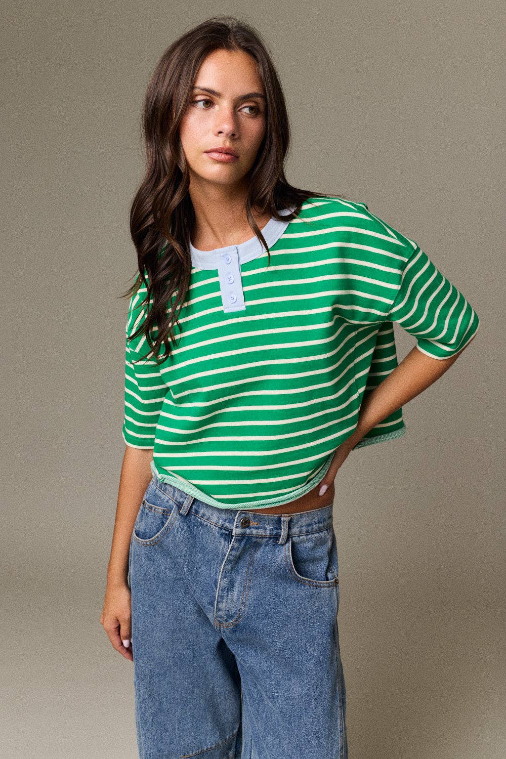 Henley neck green stripe top
