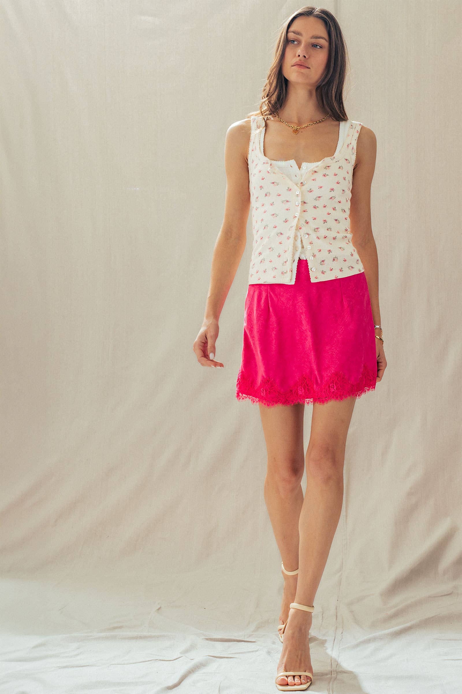 Romantic Scalloped Lace Trim Satin Mini Lingerie Skirt