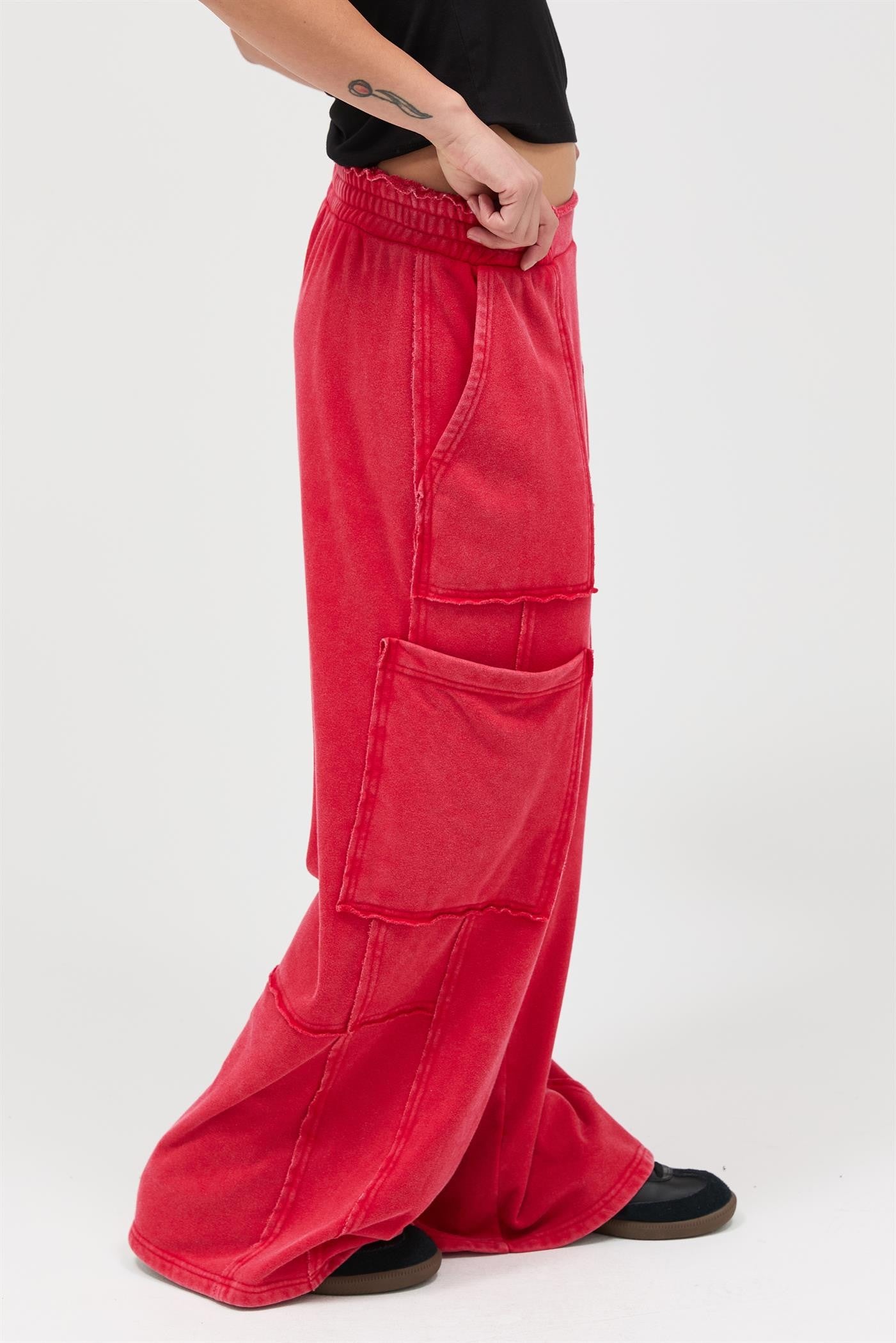 Red cargo wide leg pants