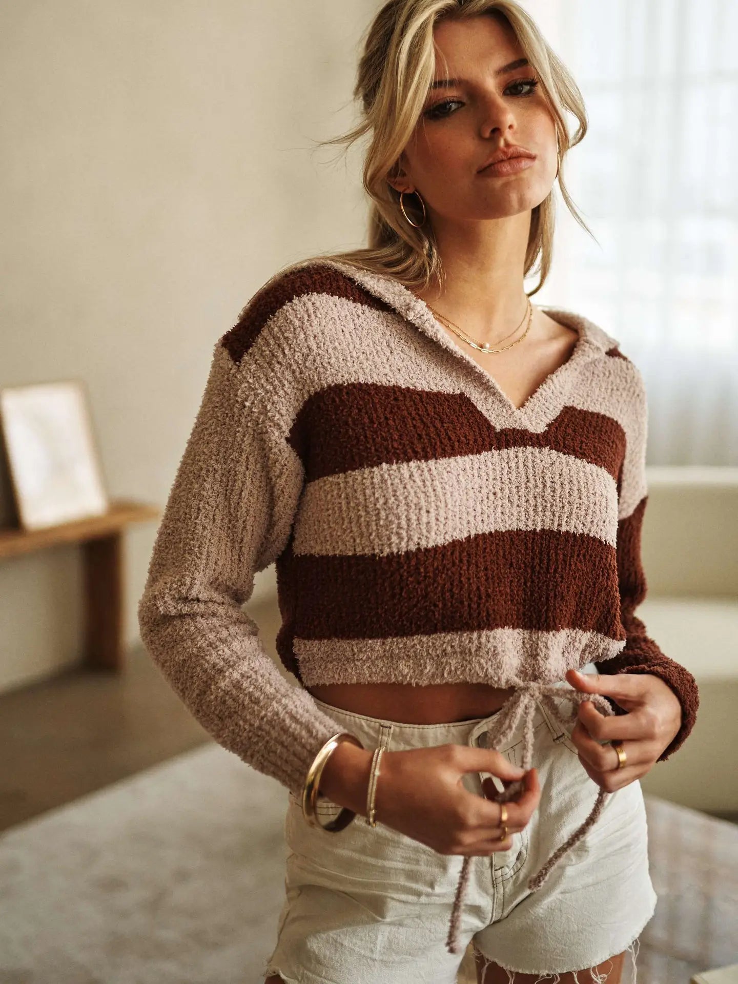 Hooded Vneck Terry Sweater