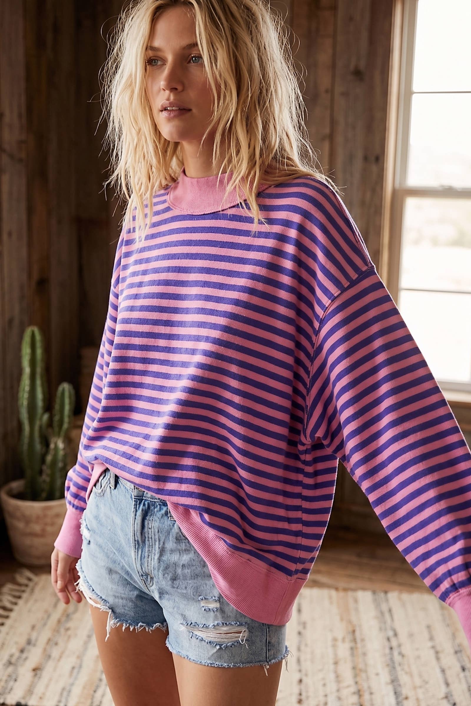 Oversized Contrast Stripe Mock Neck Terry Pullover