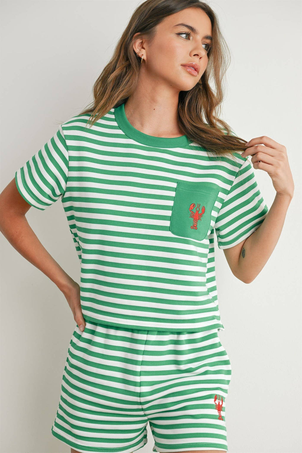 STRIPED POCKET TEE WITH EMBROIDERED LOBSTER DESIGN
