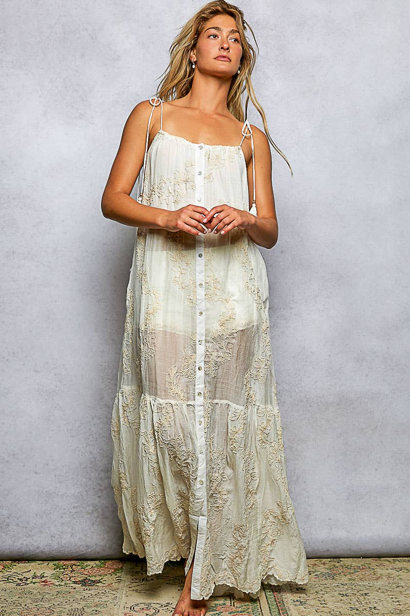 Sleeveless Round Neck Tassel Shoulder Tie Woven Maxi Dress