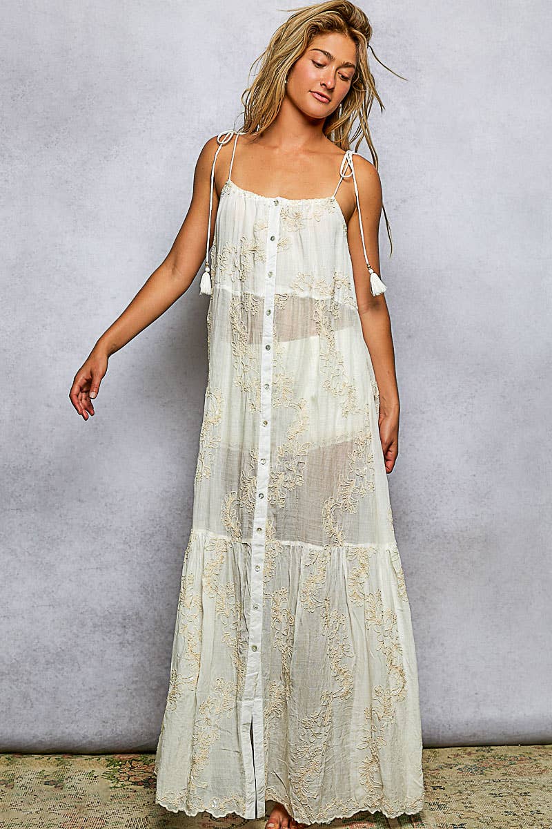 Sleeveless Round Neck Tassel Shoulder Tie Woven Maxi Dress