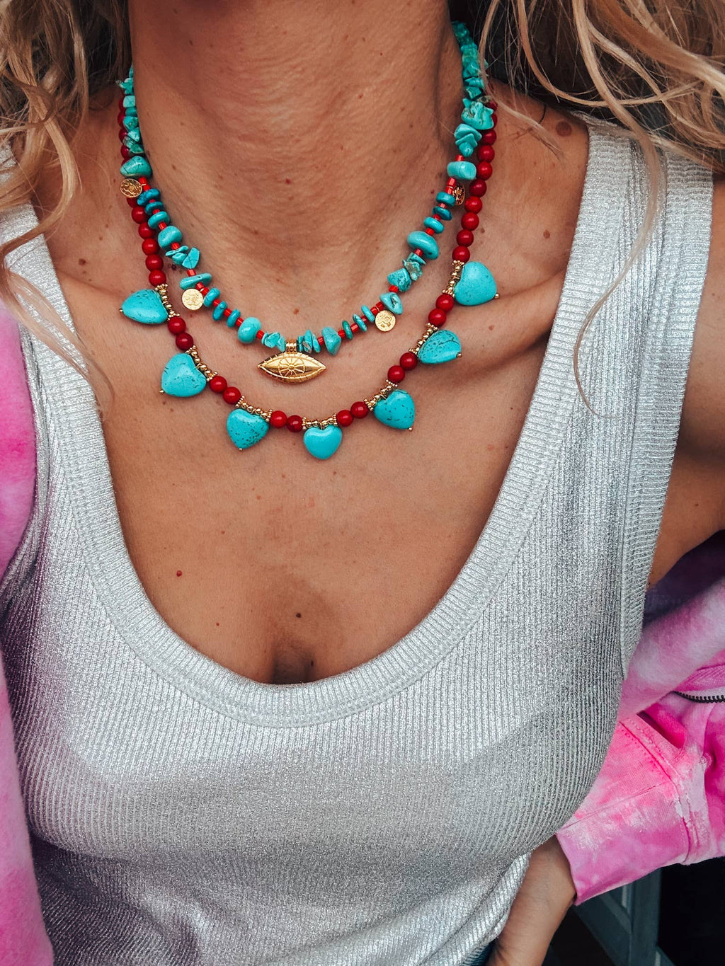 Turquoise & Red Howlite Necklaces – Layered Boho Jewelry