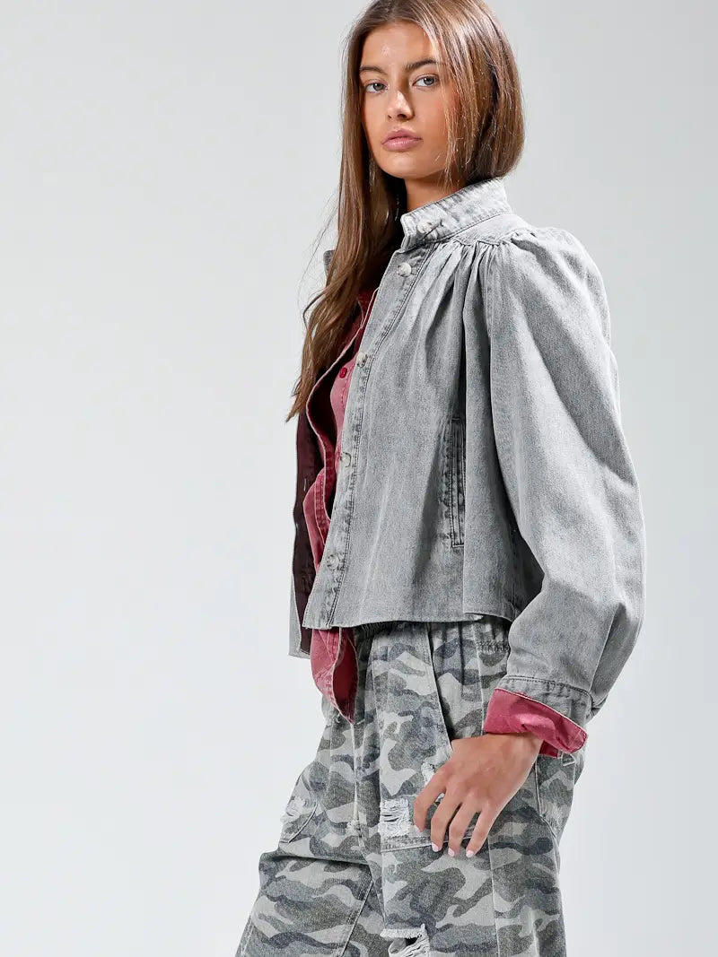 Grey shirring denim jacket