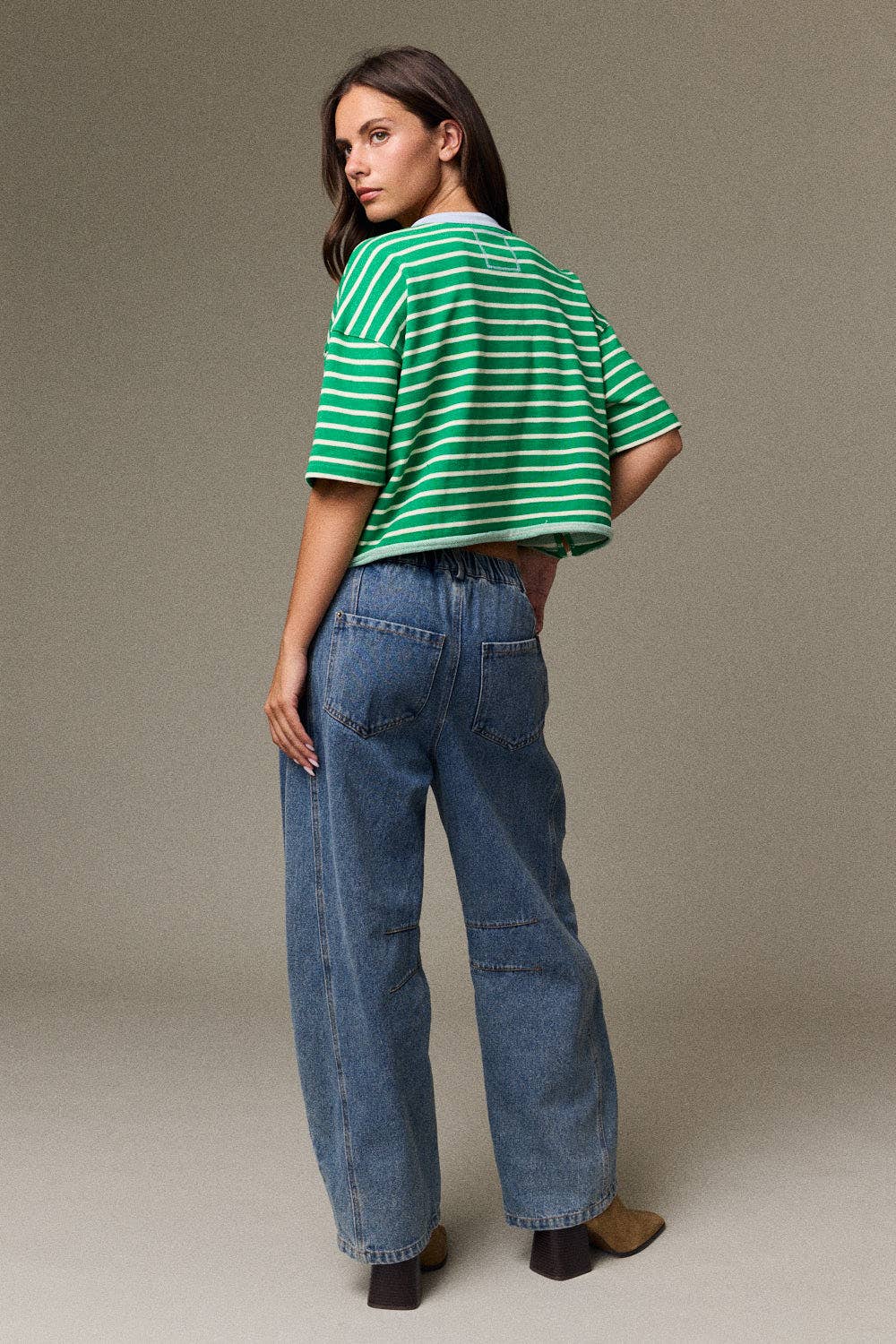 Henley neck green stripe top