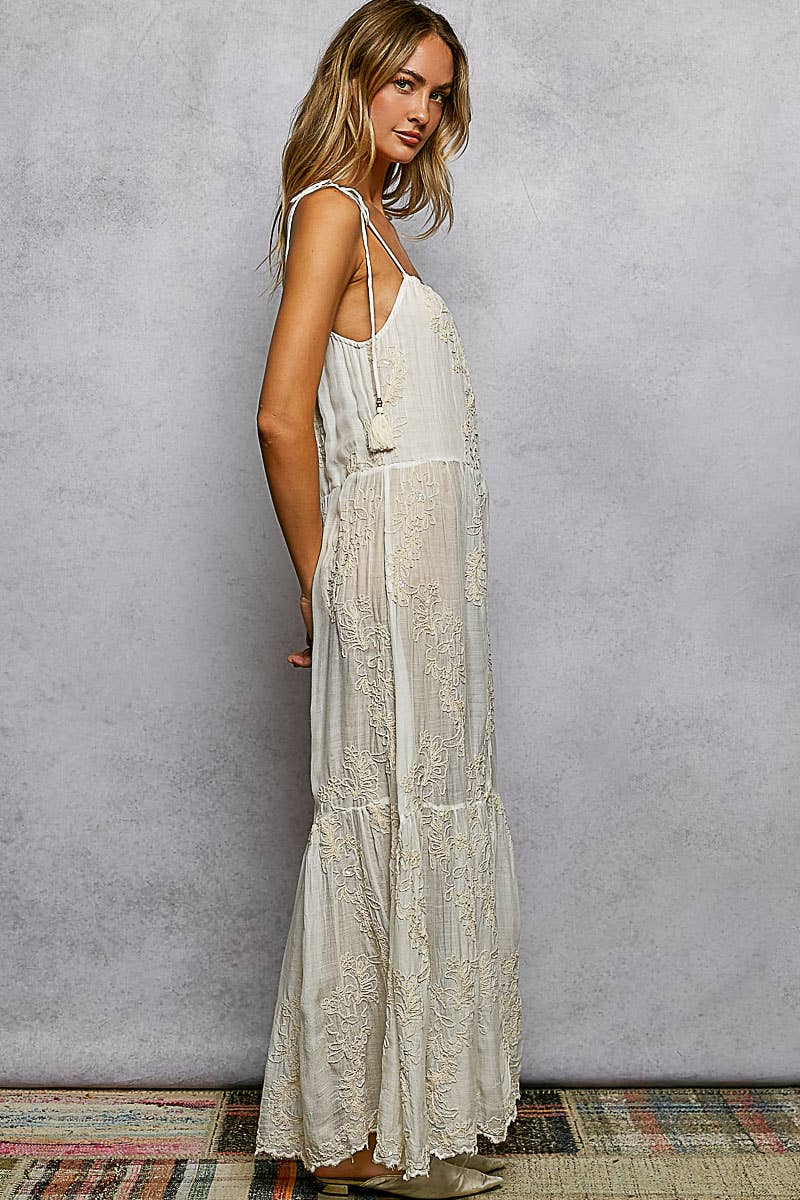 Sleeveless Round Neck Tassel Shoulder Tie Woven Maxi Dress