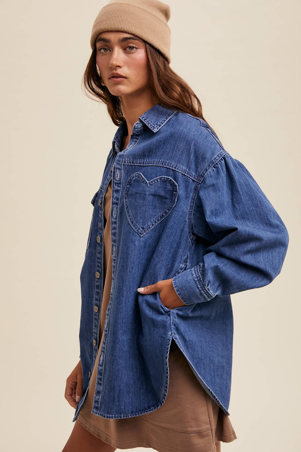 Heart Detail Oversized Denim Shirt