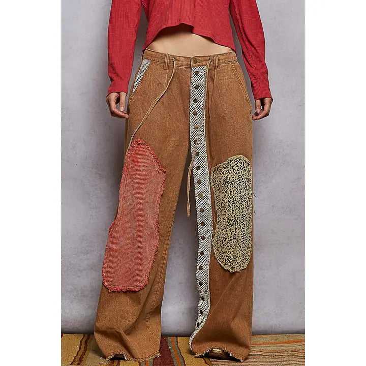 contrast floral twill front snap button pants