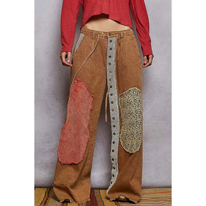 contrast floral twill front snap button pants
