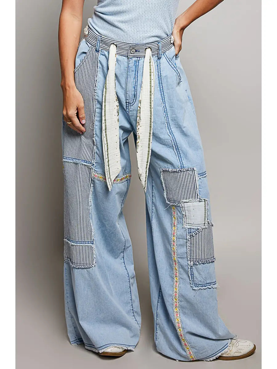 Wide leg denim patch pants
