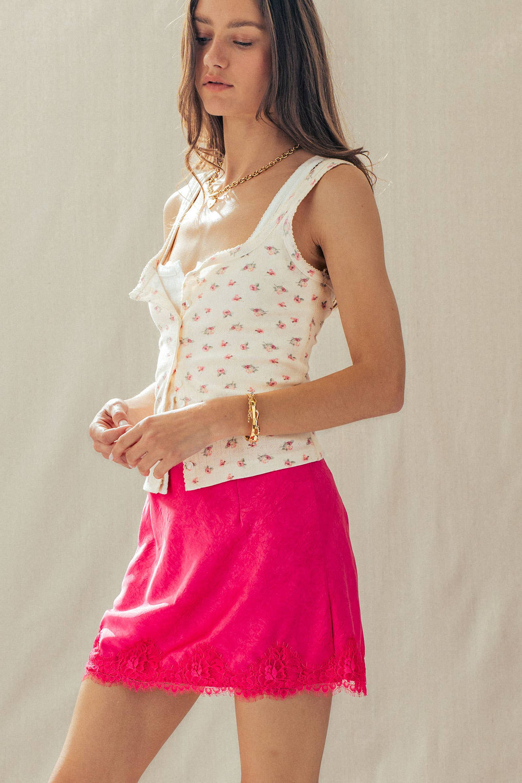 Romantic Scalloped Lace Trim Satin Mini Lingerie Skirt