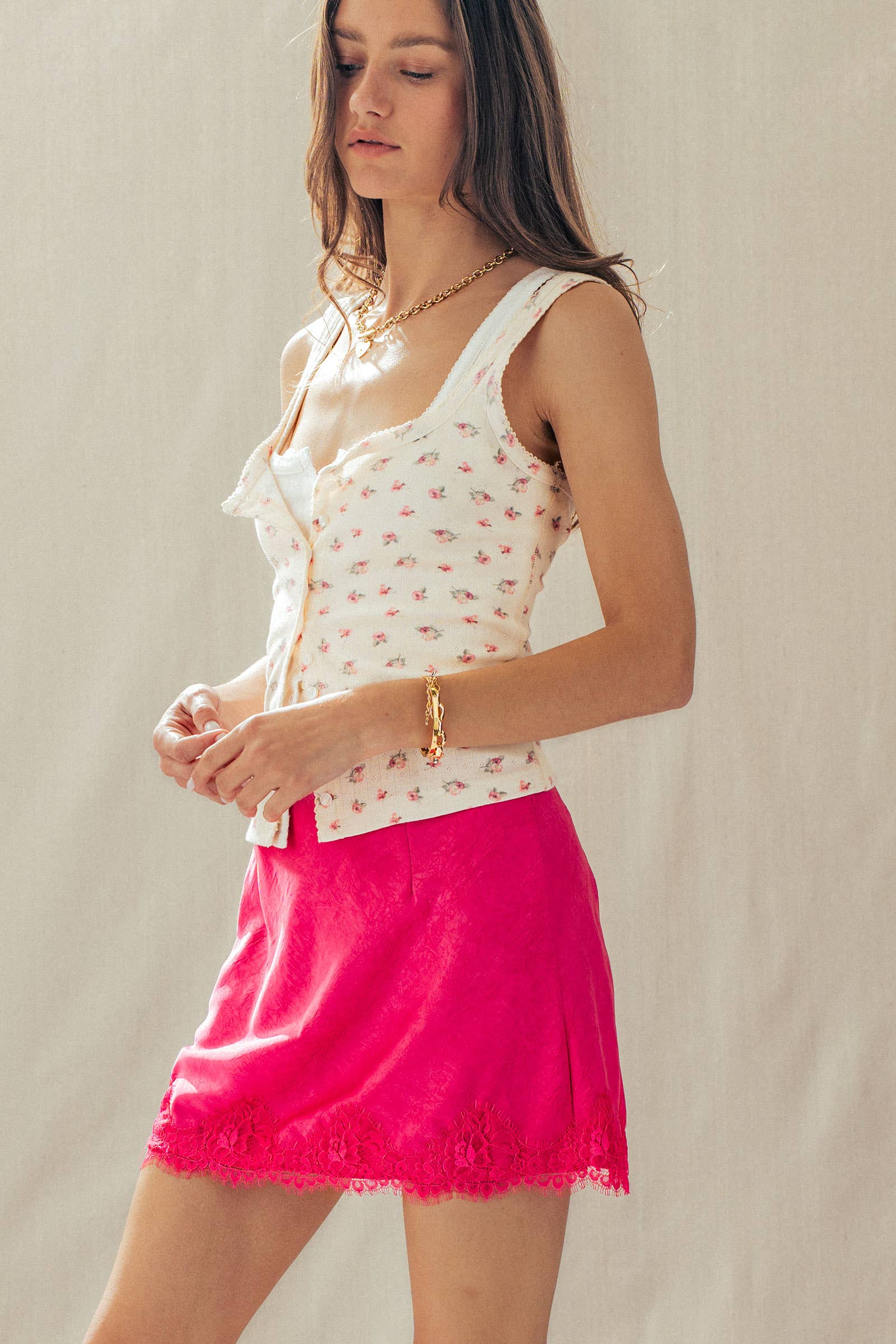 Romantic Scalloped Lace Trim Satin Mini Lingerie Skirt