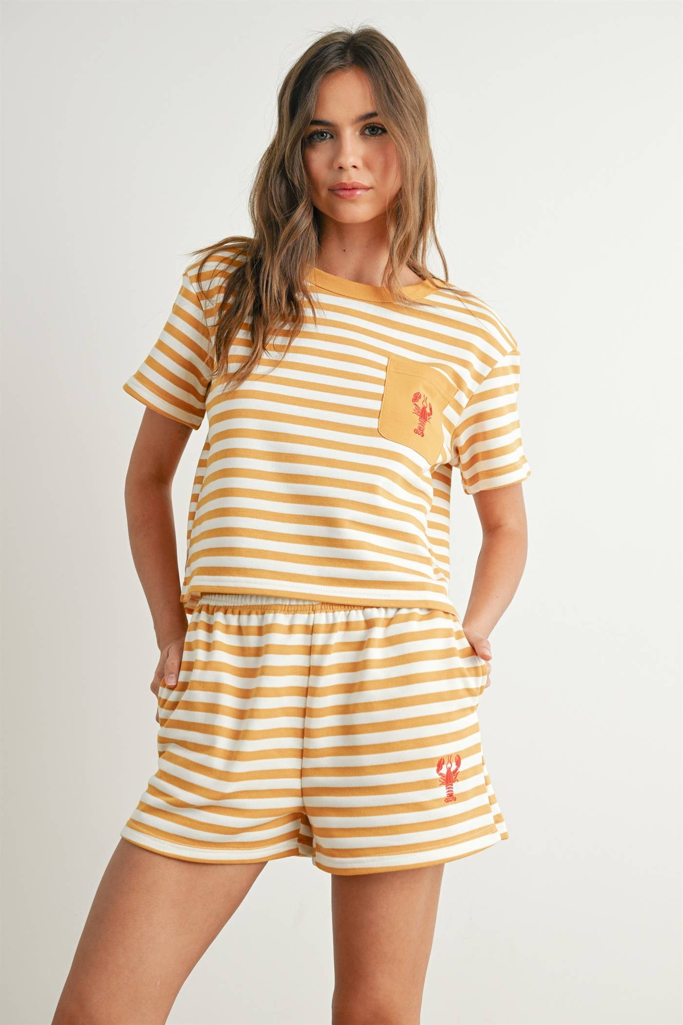 STRIPED POCKET TEE WITH EMBROIDERED LOBSTER DESIGN