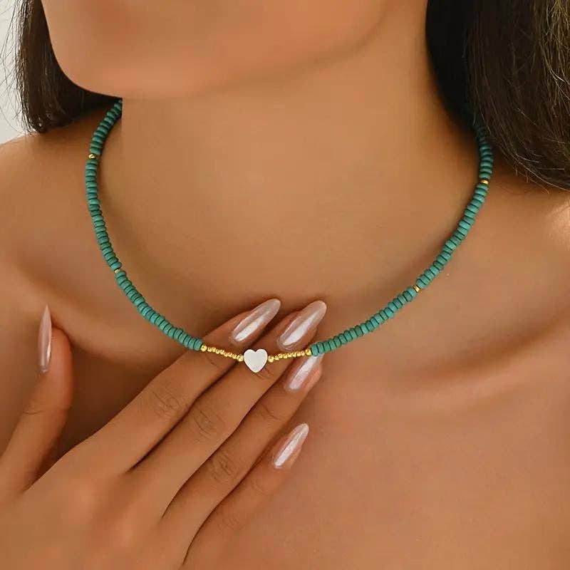 Turquoise Beaded Heart Necklace