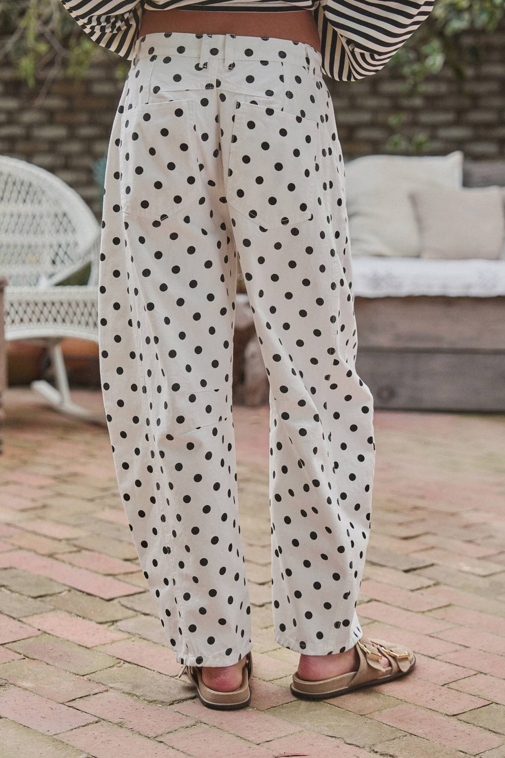 Polka Dot Print Cotton Barrel Leg Jeans
