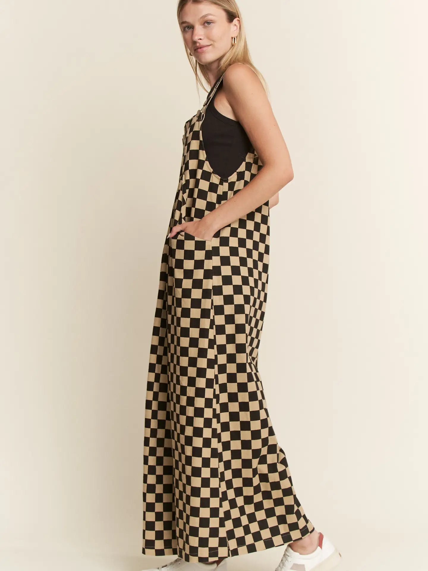 Checkered wide leg overalls