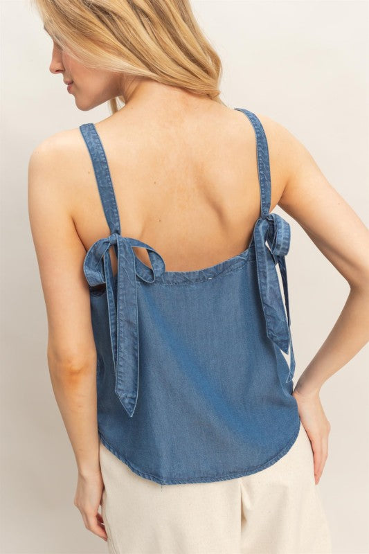 Back bow denim tank