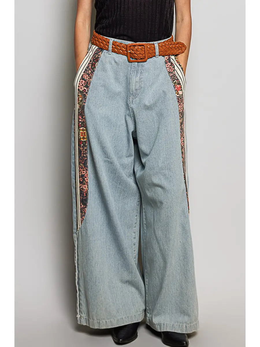 Floral side denim pants