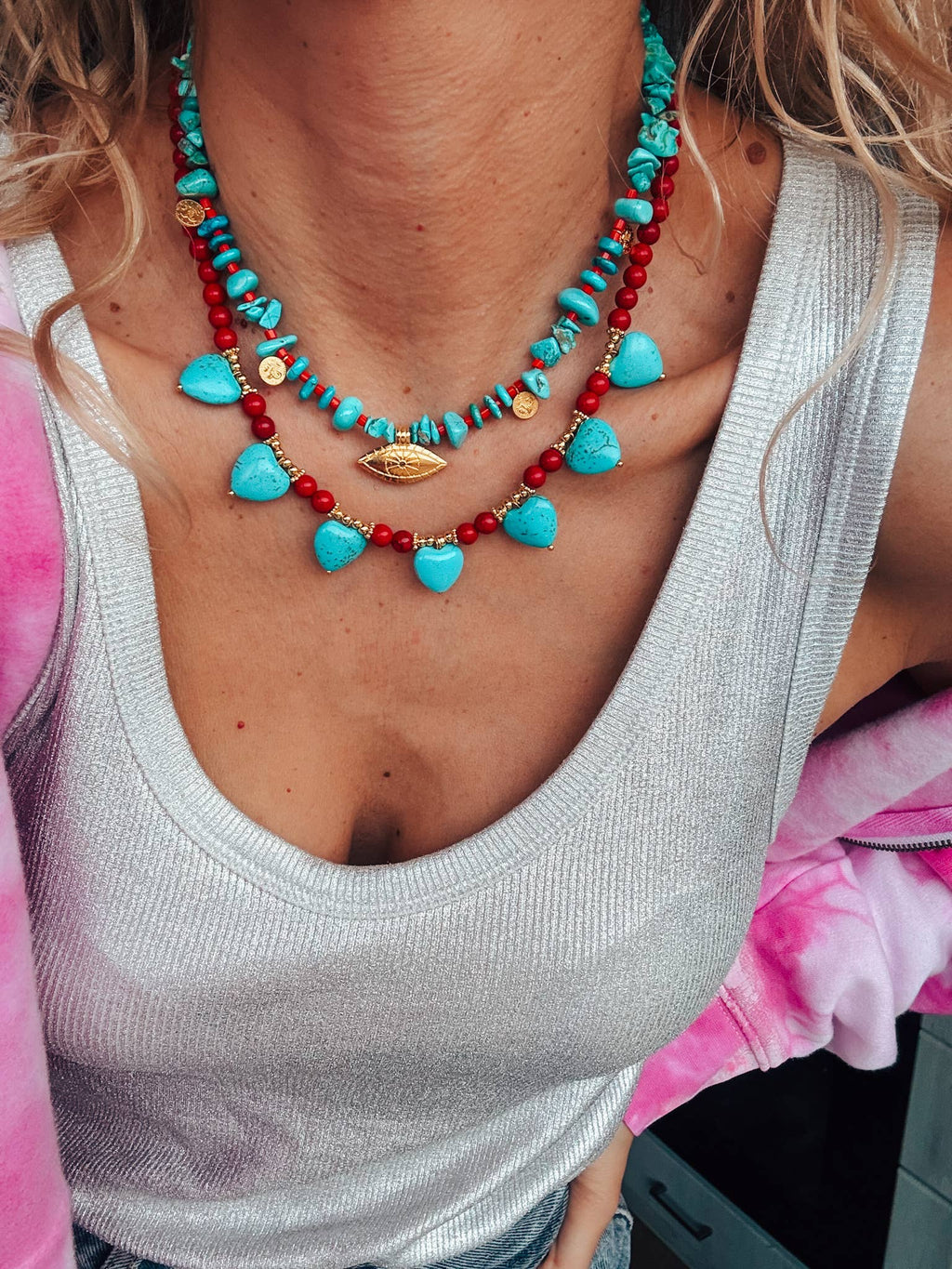 Turquoise & Red Howlite Necklaces – Layered Boho Jewelry