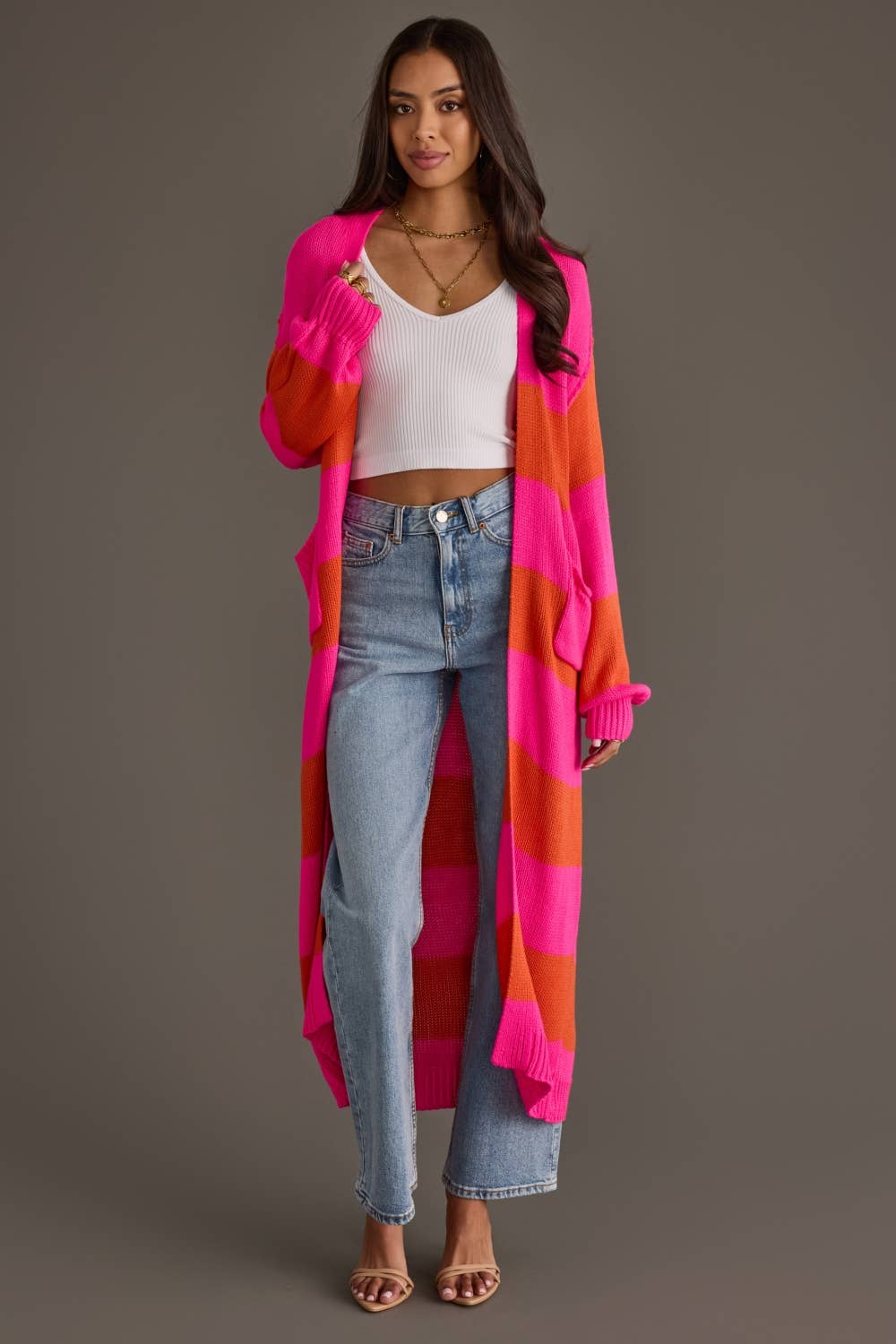 Bright Pink & Orange Striped Duster Cardigan