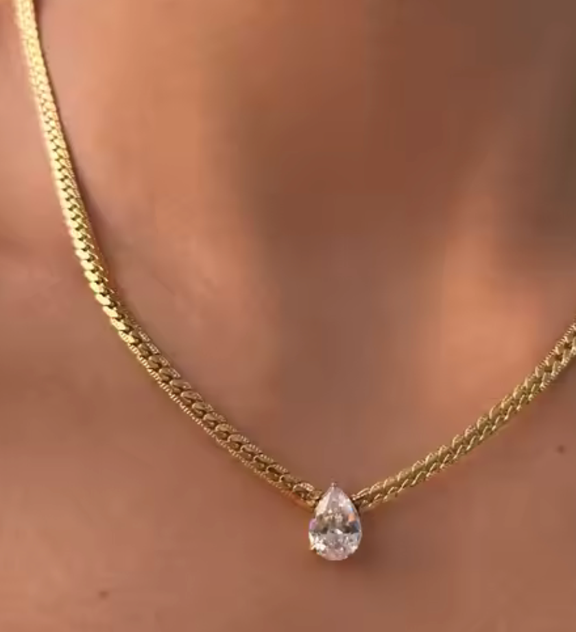 Gia-Tear Drop Solitaire Princess Setting Wheat Chain Steel