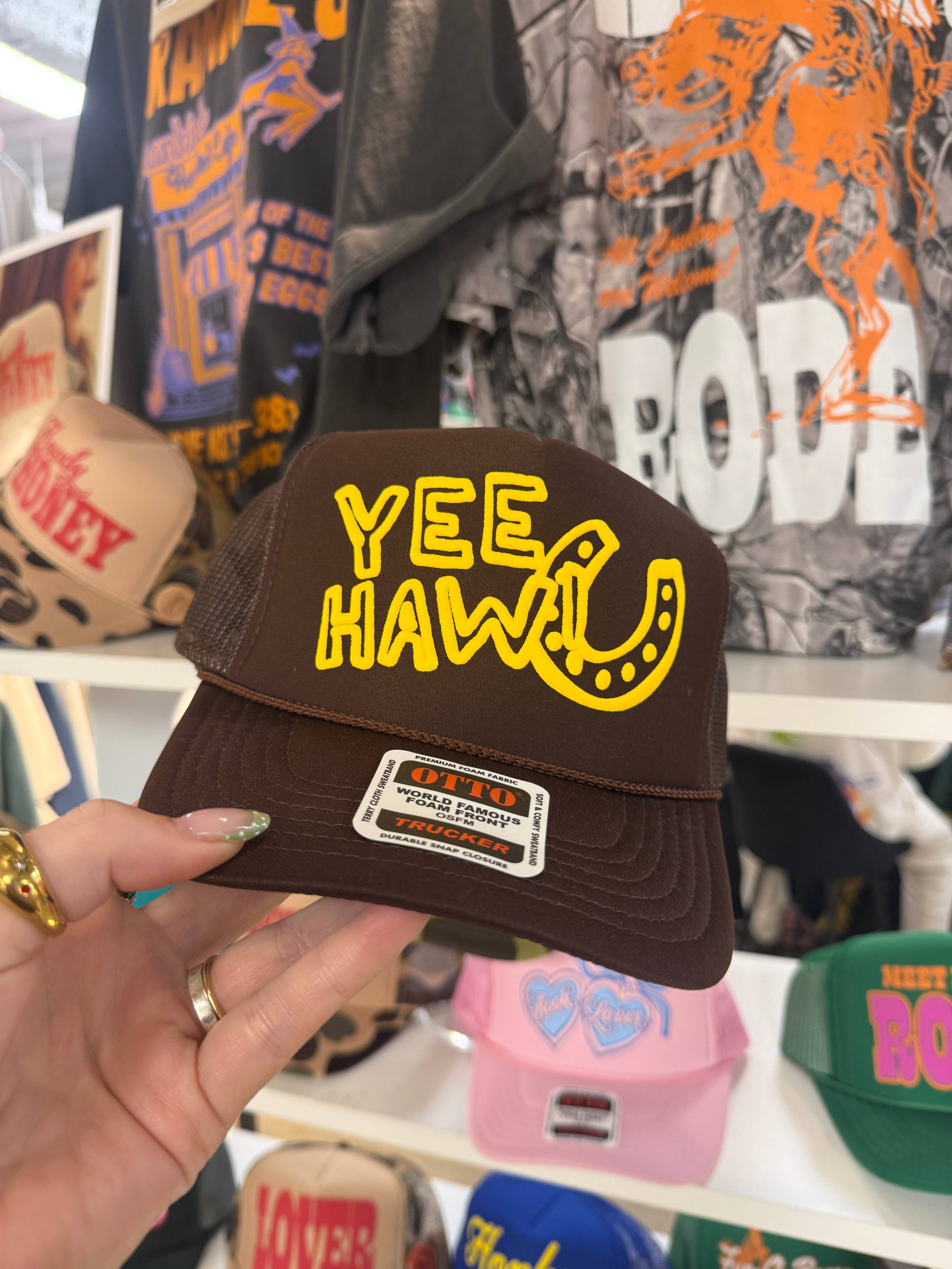 Yee-Haw, Horseshoe Western Gold Puff Summer Trucker Hat