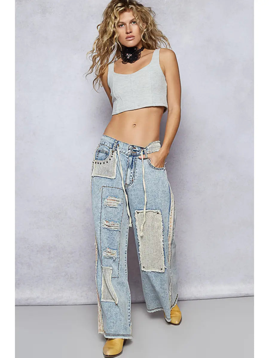 Denim stud patchwork pants