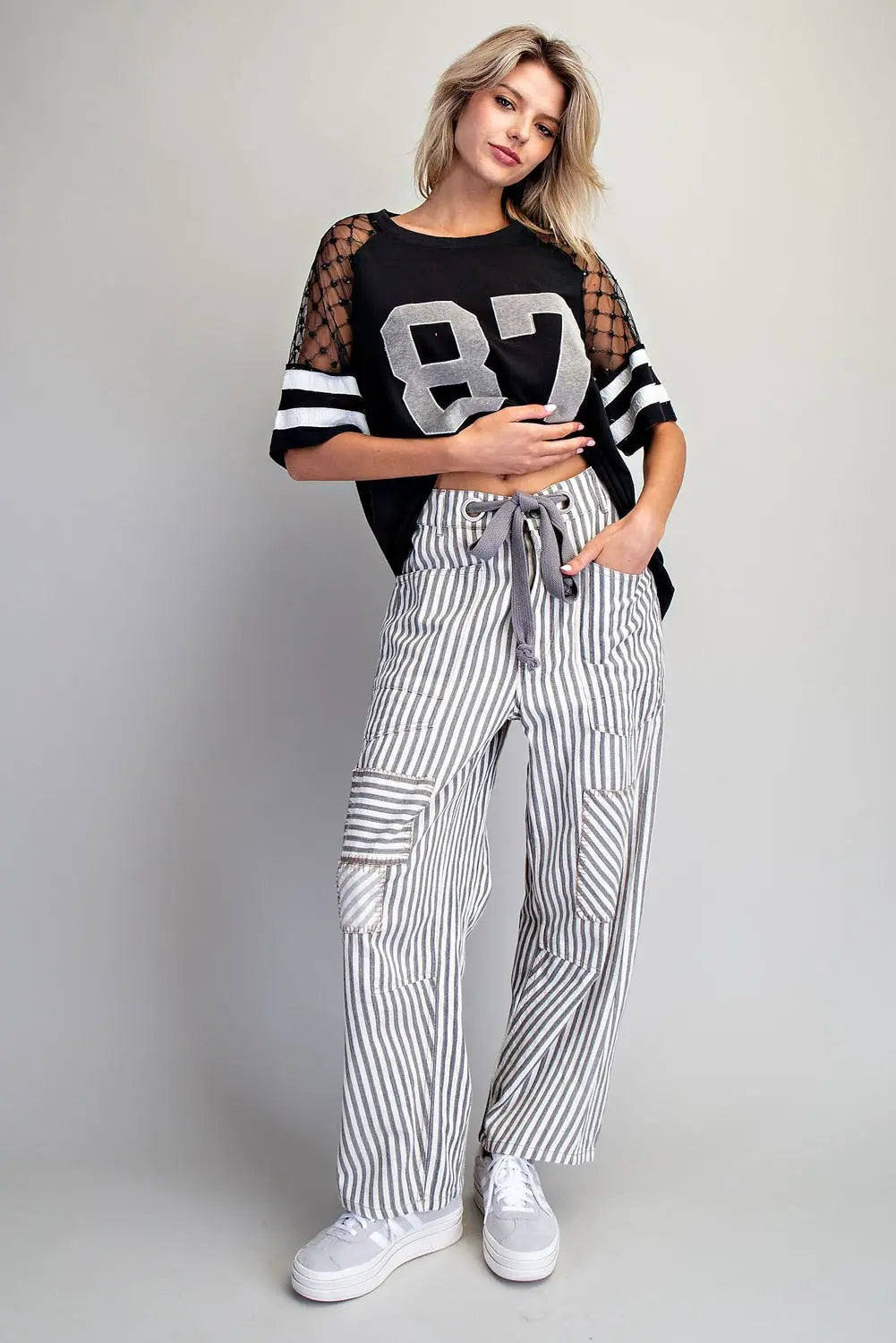 Striped patch barrel pants