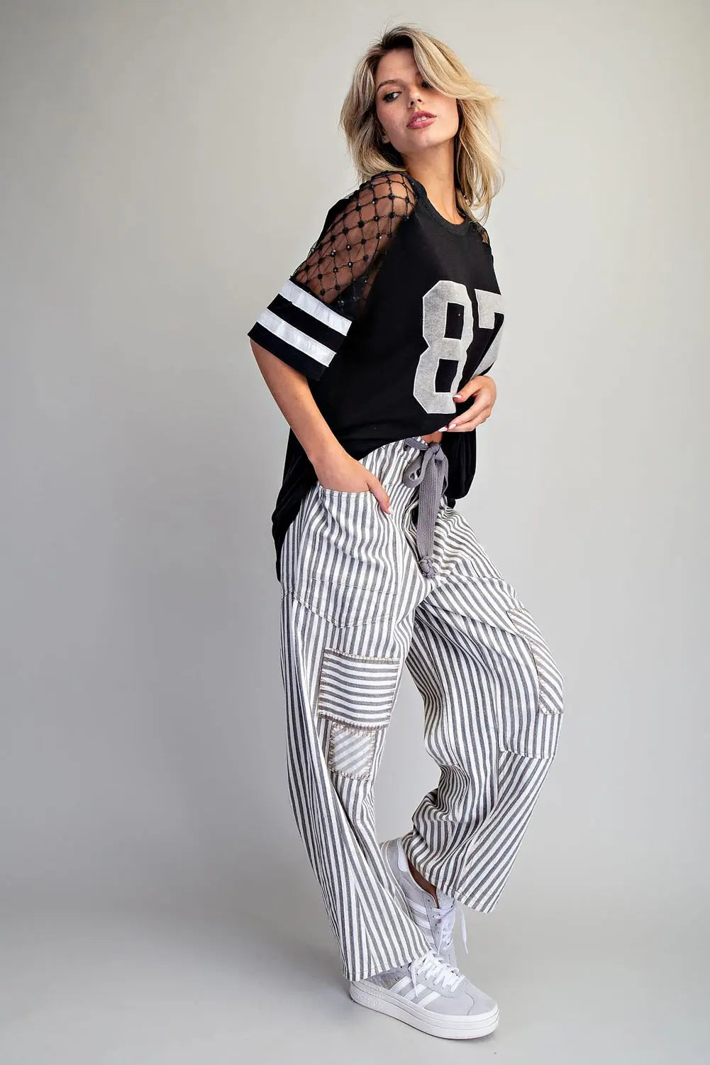 Striped patch barrel pants