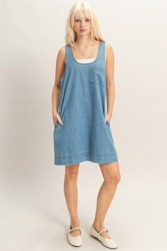 Sleeveless denim shift dress