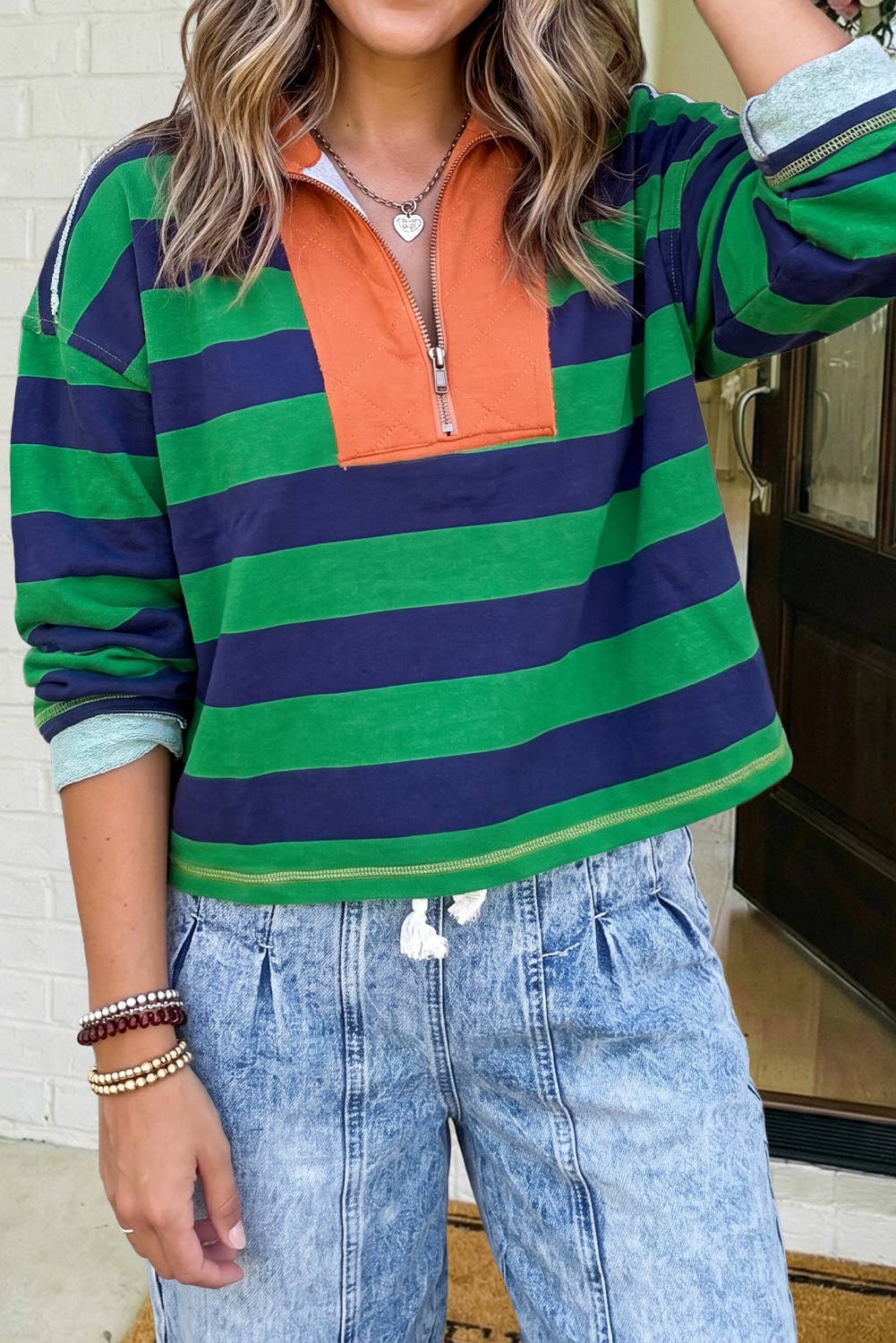 Striped Stitch Zipper Top