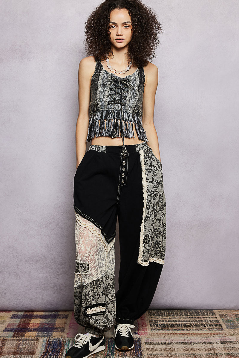 Black lace detailed barrel pants