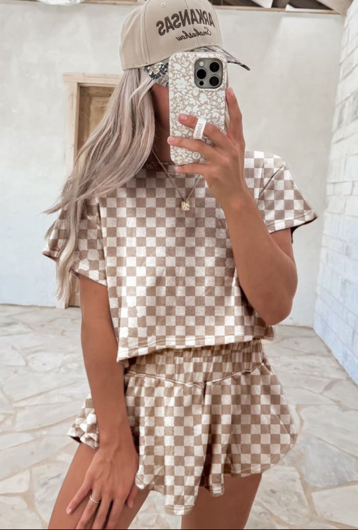 Brown Checkerboard Skort Set
