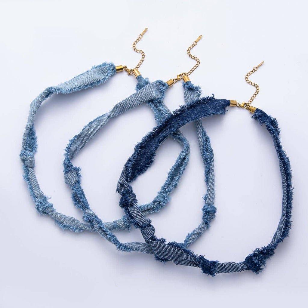 Stainless Steel Blue Denim Knot Handmade Scarf 19 Inch Necklace w. Extender