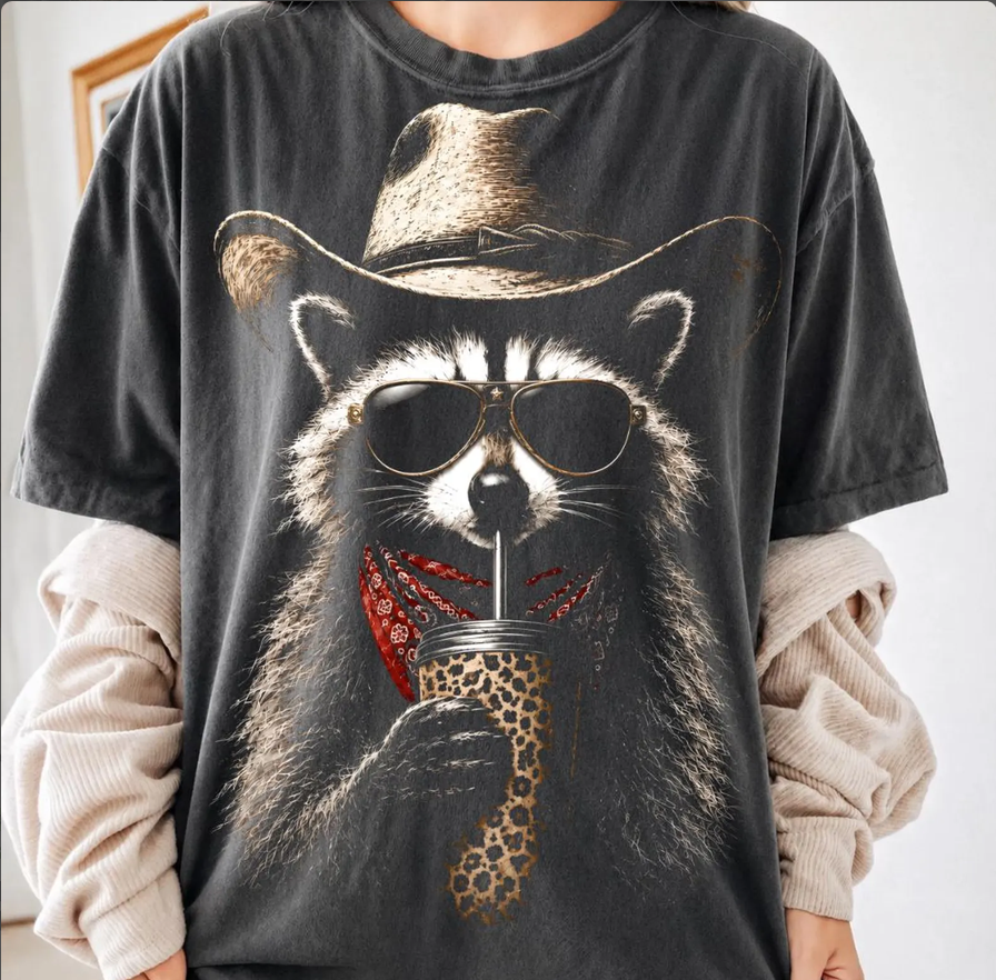 Western Raccoon Graphic Tee | Funny Cowgirl Coffee Shirt