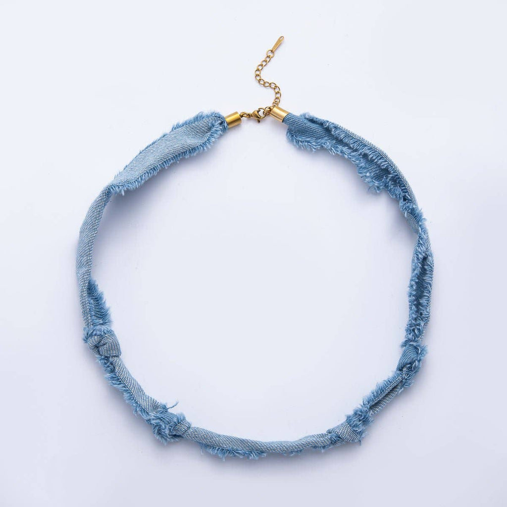 Stainless Steel Blue Denim Knot Handmade Scarf 19 Inch Necklace w. Extender
