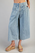 Button Down Pleated Cropped Denim Pants