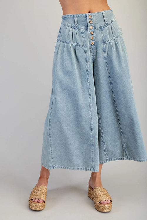 Button Down Pleated Cropped Denim Pants