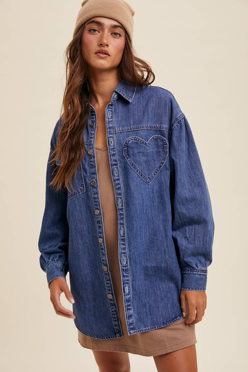 Heart Detail Oversized Denim Shirt