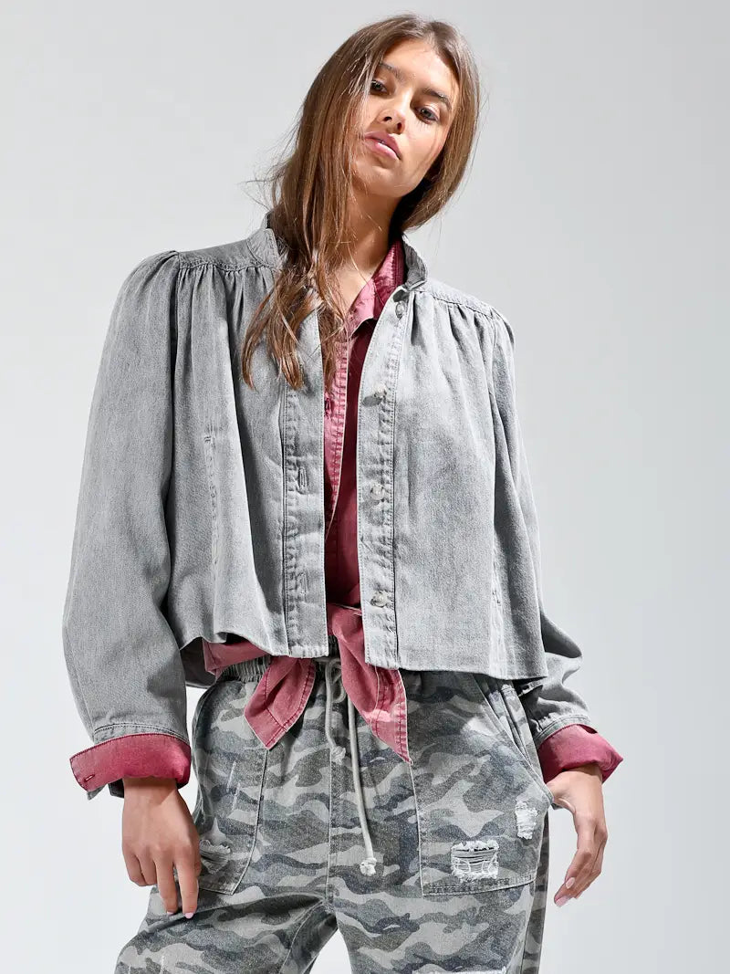 Grey shirring denim jacket