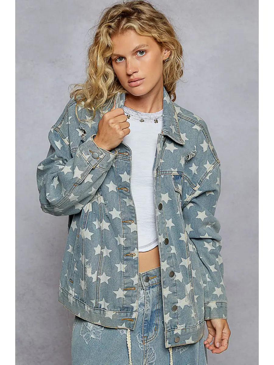 Distressed star denim jacket