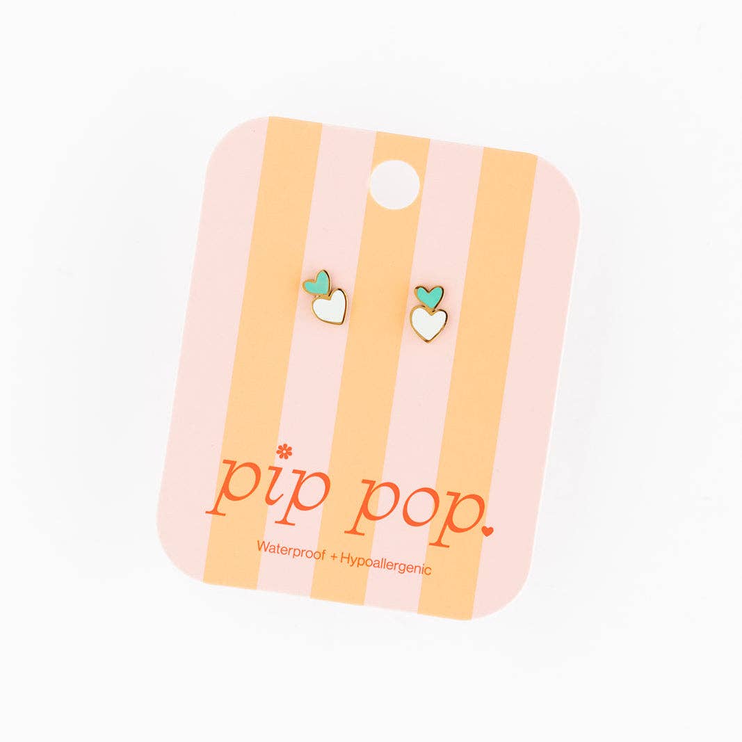 Heart Stack Stud Earrings - Hypoallergenic, Flat Back, Girl