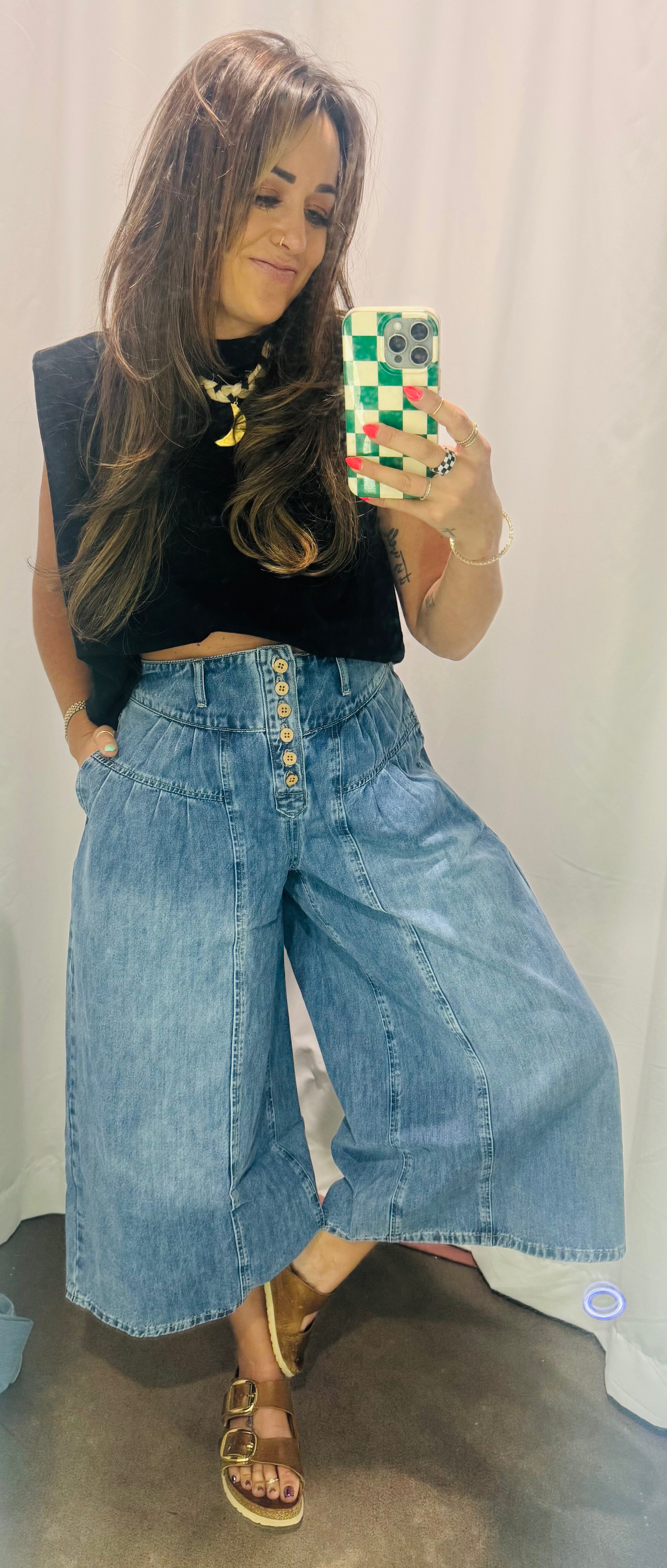 Pleated cropped denim pants